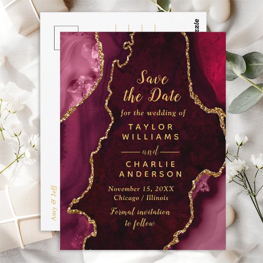 Red and Gold Agate Marble Save the Date Postkarte