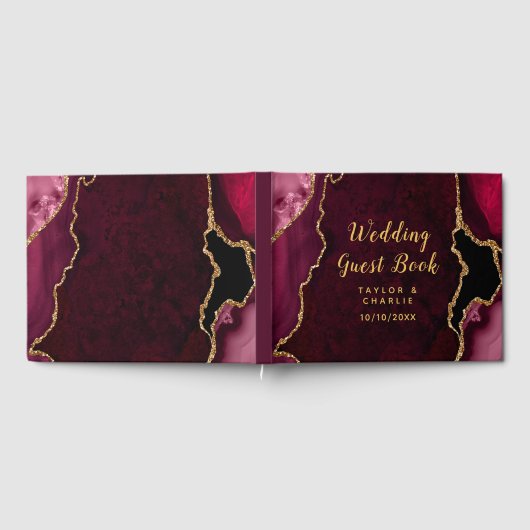 Red and Gold Agate Marble Wedding Gästebuch (Voll)