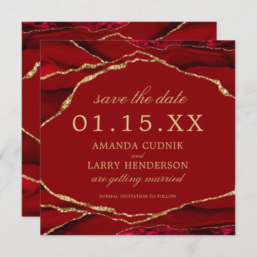 Red and Gold Agate Save the Date Card Einladung (Vorne/Hinten)