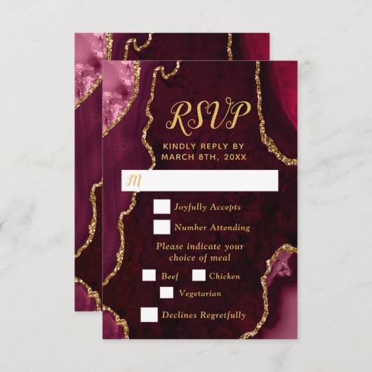Red and Gold Agate Wedding Meal Choice RSVP Karte (Vorne/Hinten)