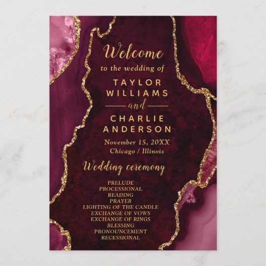 Red and Gold Agate Wedding Program Programm (Vorderseite)
