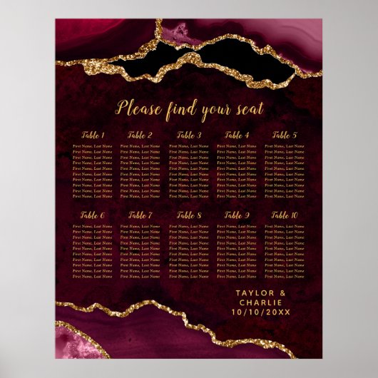 Red and Gold Agate Wedding Seating Chart Poster (Vorne)
