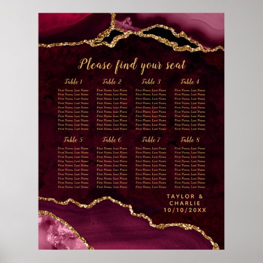Red and Gold Agate Wedding Seating Chart Poster (Vorne)