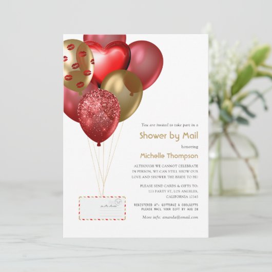 Red and Gold Balloon Baby oder Brautparty per Mail Einladung (Stehend Vorderseite)