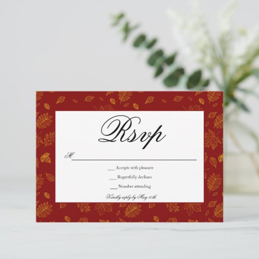 Red and Gold Blätter RSVP Card (Stehend Vorderseite)