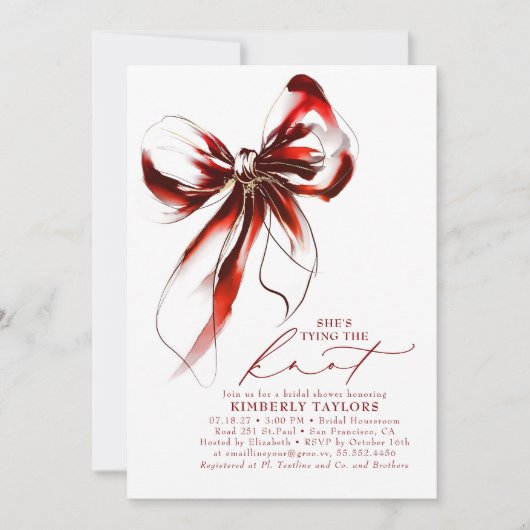 Red and Gold Bow Elegant Whimsical Bridal Shower Einladung (Vorderseite)