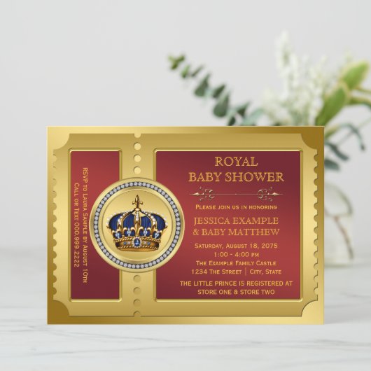 Red and Gold Boys Royal Baby Dusche Einladung (Stehend Vorderseite)