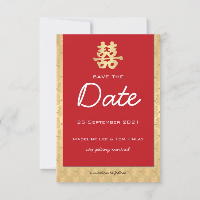 Red and Gold Chinese Wedding Save the Date (Vorderseite)