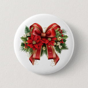 Red and Gold Christmas Bow Festival Button