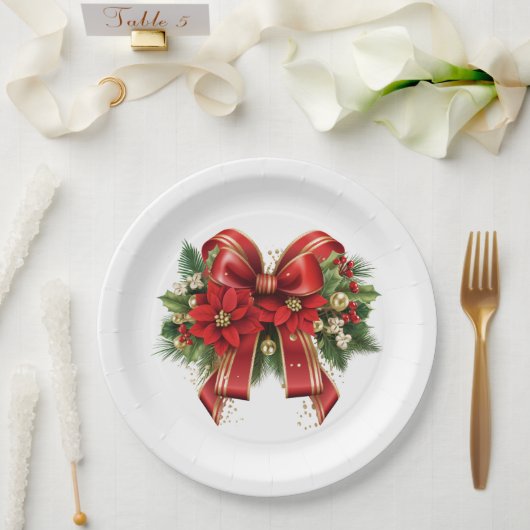 Red and Gold Christmas Bow Festival Pappteller (Hochzeit)