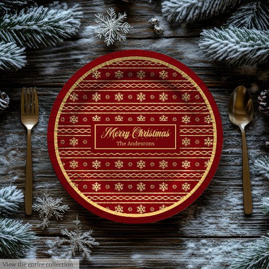 Red and Gold Christmas Luxe Snowflake Paper Plates Pappteller