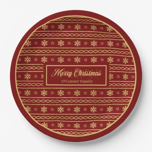 Red and Gold Christmas Luxe Snowflake Paper Plates Pappteller (Vorderseite)