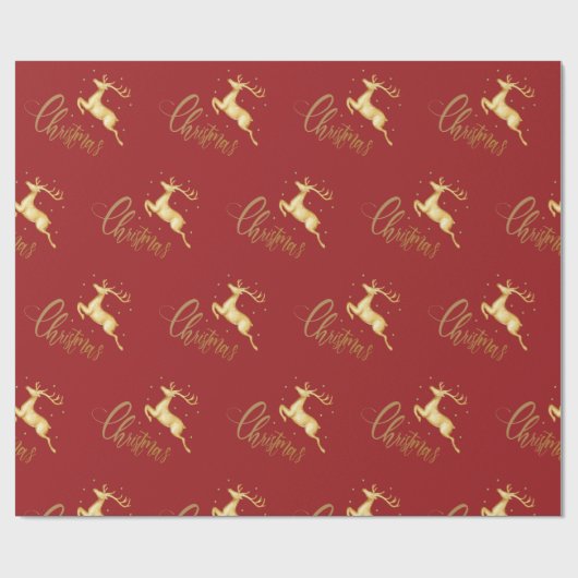 Red and Gold Christmas Rentier Wrapping Paper Geschenkpapier (Flach)