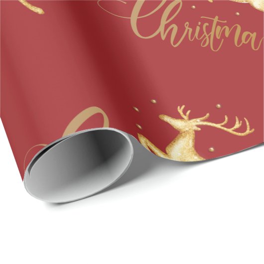 Red and Gold Christmas Rentier Wrapping Paper Geschenkpapier (Rolleneckpunkt)