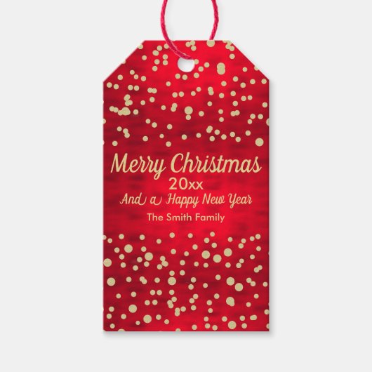 Red and Gold Confetti Weihnachtsmuster Geschenkanhänger (Vorderseite)