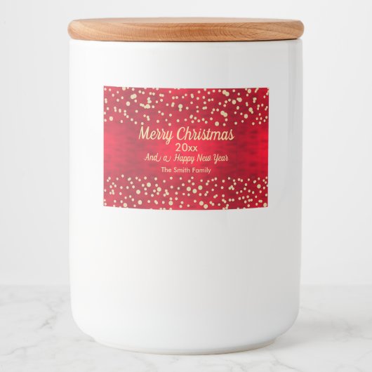 Red and Gold Confetti Weihnachtsmuster Lebensmitteletikett (Vorderseite)