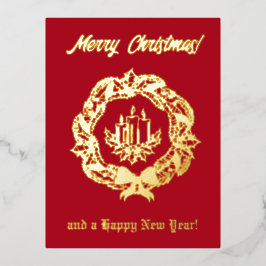 Red and Gold Custom Text Wreath Candles Weihnachte Folien Feiertagspostkarte