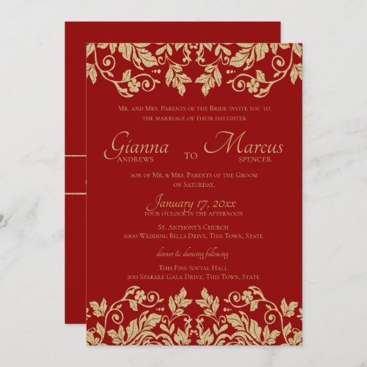 Red and Gold Damask Emblem Wedding Einladung (Vorne/Hinten)