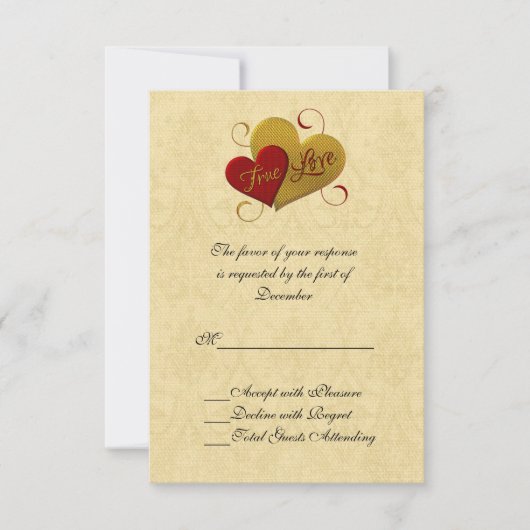 Red and Gold Double Heart Wedding RSVP Card (Vorderseite)