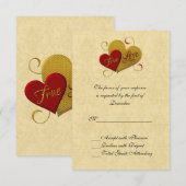 Red and Gold Double Heart Wedding RSVP Card Karte (Vorne/Hinten)