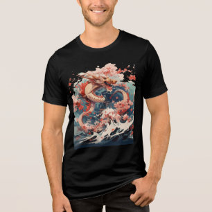 Red and Gold Dragon Over Stormy Sea Tri-Blend Shirt
