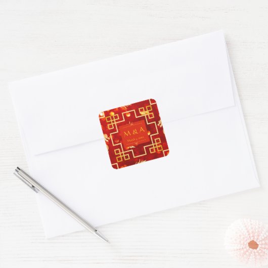 Red and Gold Dragon Wedding Quadratischer Aufkleber (Umschlag)