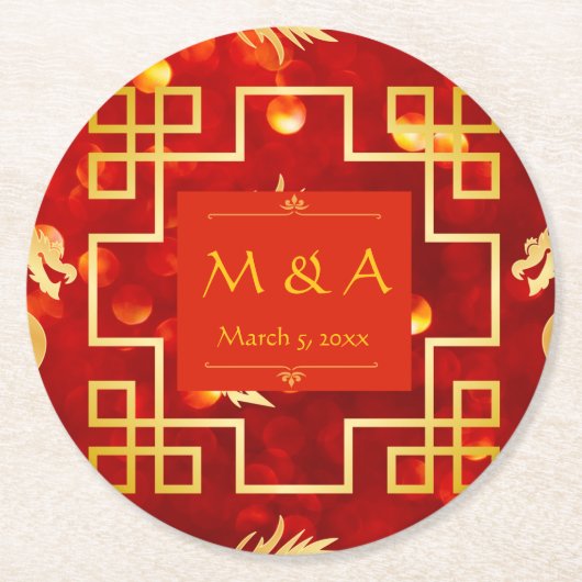 Red and Gold Dragon Wedding Runder Pappuntersetzer (Vorderseite)