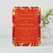 Red and Gold Dragon Wedding Save the Date (Stehend Vorderseite)