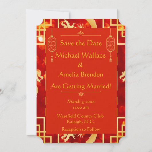 Red and Gold Dragon Wedding Save the Date (Vorderseite)