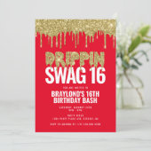 Red and Gold Drippin Swag 16 Geburtstag Einladung (Stehend Vorderseite)