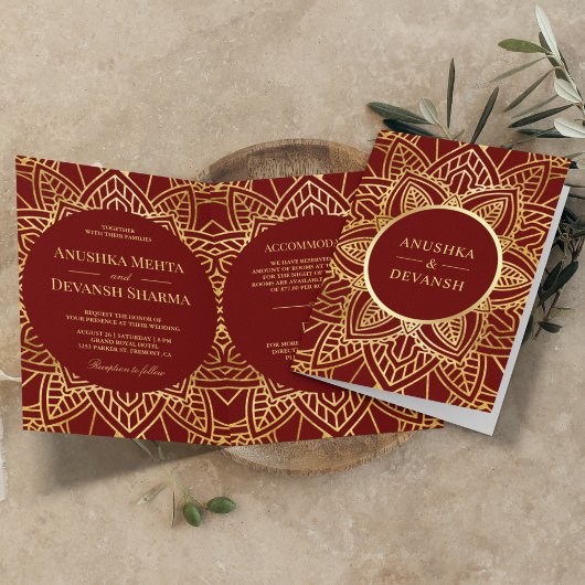 Red and Gold Ethnic Mandala Indian Wedding Einladung