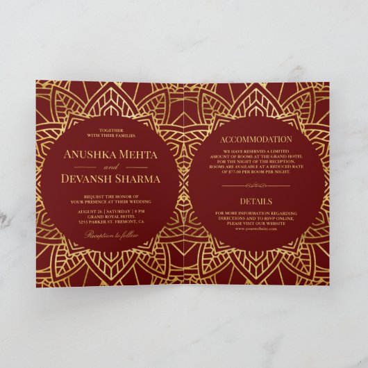 Red and Gold Ethnic Mandala Indian Wedding Einladung (Innenseite)