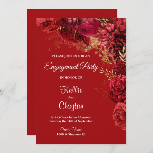 Red and Gold Flor Engagement Party Einladung (Vorne/Hinten)