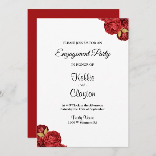 Red and Gold Flor Engagement Party Einladung (Vorne/Hinten)