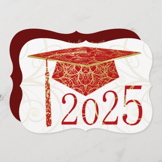 Red and Gold Floral Cap 2025 Graduation Party Einladung (Vorne/Hinten)