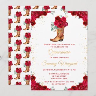 Red and Gold Floral Cowboy Boot Quinceañera Einladung