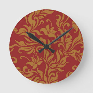 Red and Gold Floral Pattern Runde Wanduhr