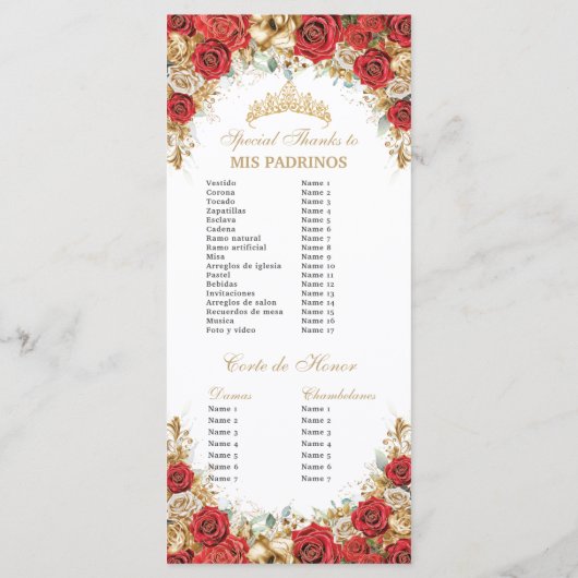 Red and Gold Floral Quinceanera Order of Events Programm (Rückseite)
