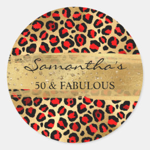 Red and Gold Foil Leopard 50 & Fabulous Runder Aufkleber