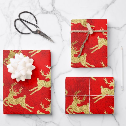 Red and Gold Foil Rentierfestival Geschenkpapier Set (Vorderseite)
