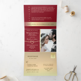 Red and Gold Foto Wedding Tri-Fold Einladung