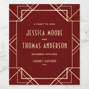 Red and Gold Gatsby Art Deco Custom Wedding Weinetikett