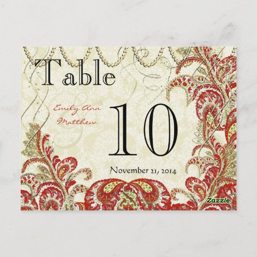 Red and Gold Gatsby Paisley Peacock Tischnummer (Rückseite)