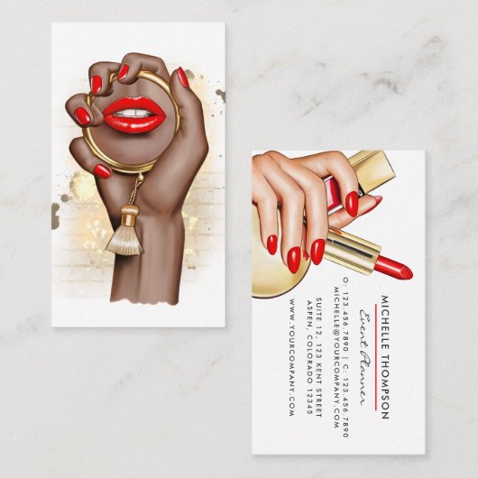 Red and Gold Glam Chic Makeup Artist Business Card Visitenkarte (Vorne/Hinten)