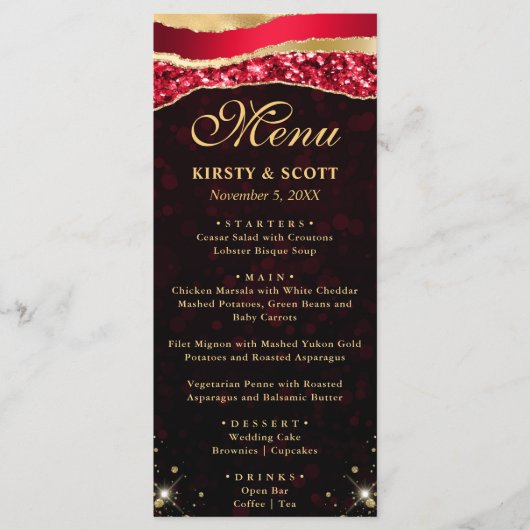 Red and Gold Glam Tears Bokeh Wedding Menükarte (Vorderseite)