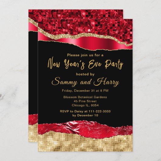 Red and Gold Glam Tränen Silvester Party Einladung (Vorne/Hinten)