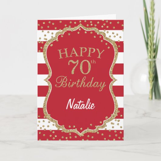 Red and Gold Glitter Confetti 70th Birthday Card Karte (Vorderseite)