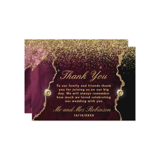 Red and Gold Glitzer Agate Marble Wedding Dankeskarte (Vorderseite/Rückseite Beispiel)