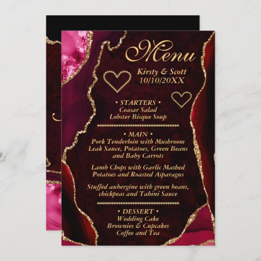 Red and Gold Glitzer Agate Marble Wedding Menükarte (Vorne/Hinten)