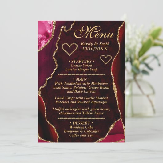 Red and Gold Glitzer Agate Marble Wedding Menükarte (Stehend Vorderseite)
